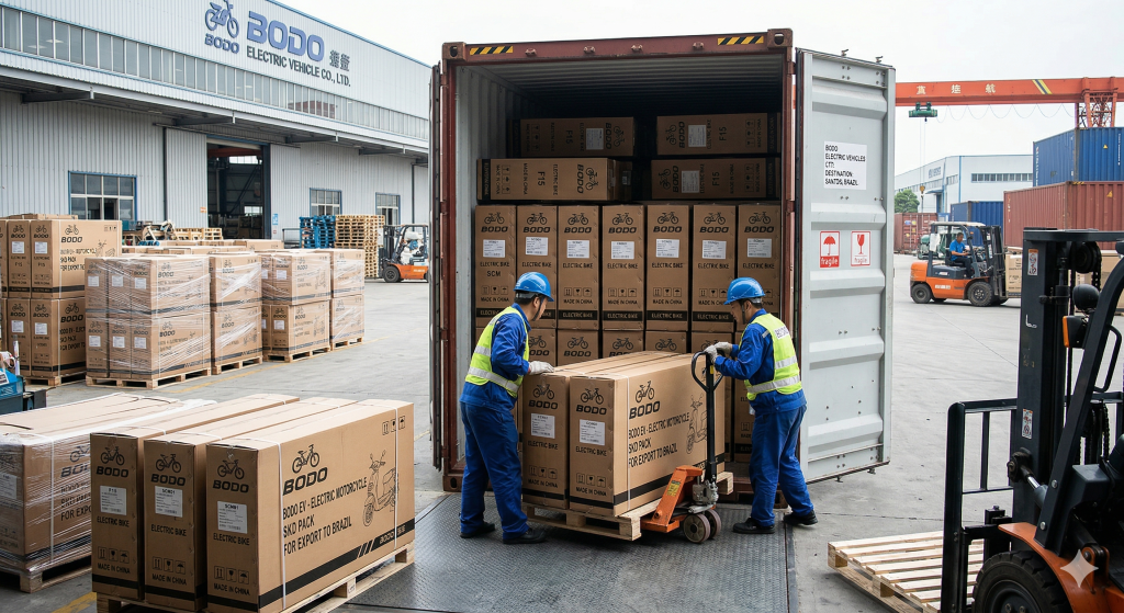 Photos of the container loading operation for Bodo electric vehicles.